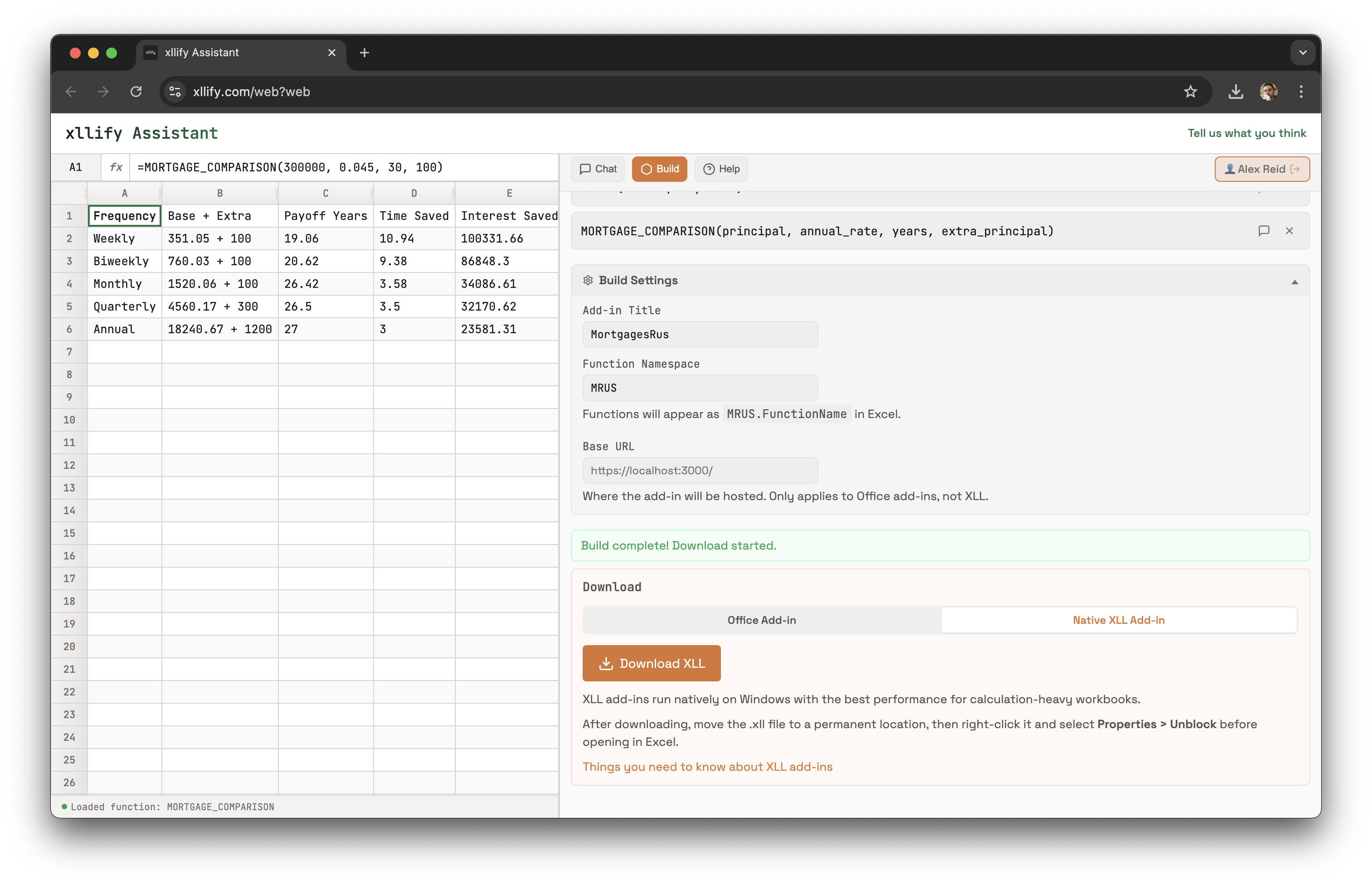 xllify Assistant build settings and download panel