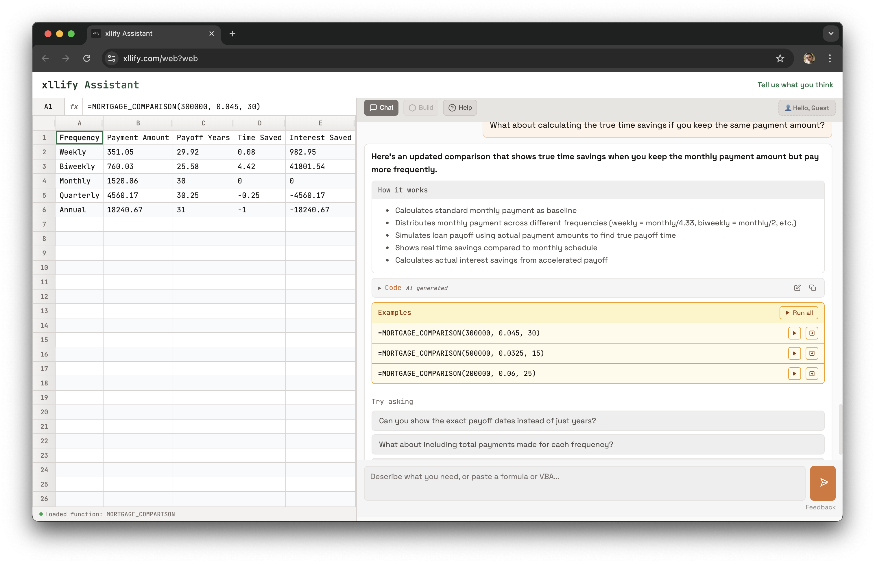 xllify Assistant chat interface building a mortgage comparison function