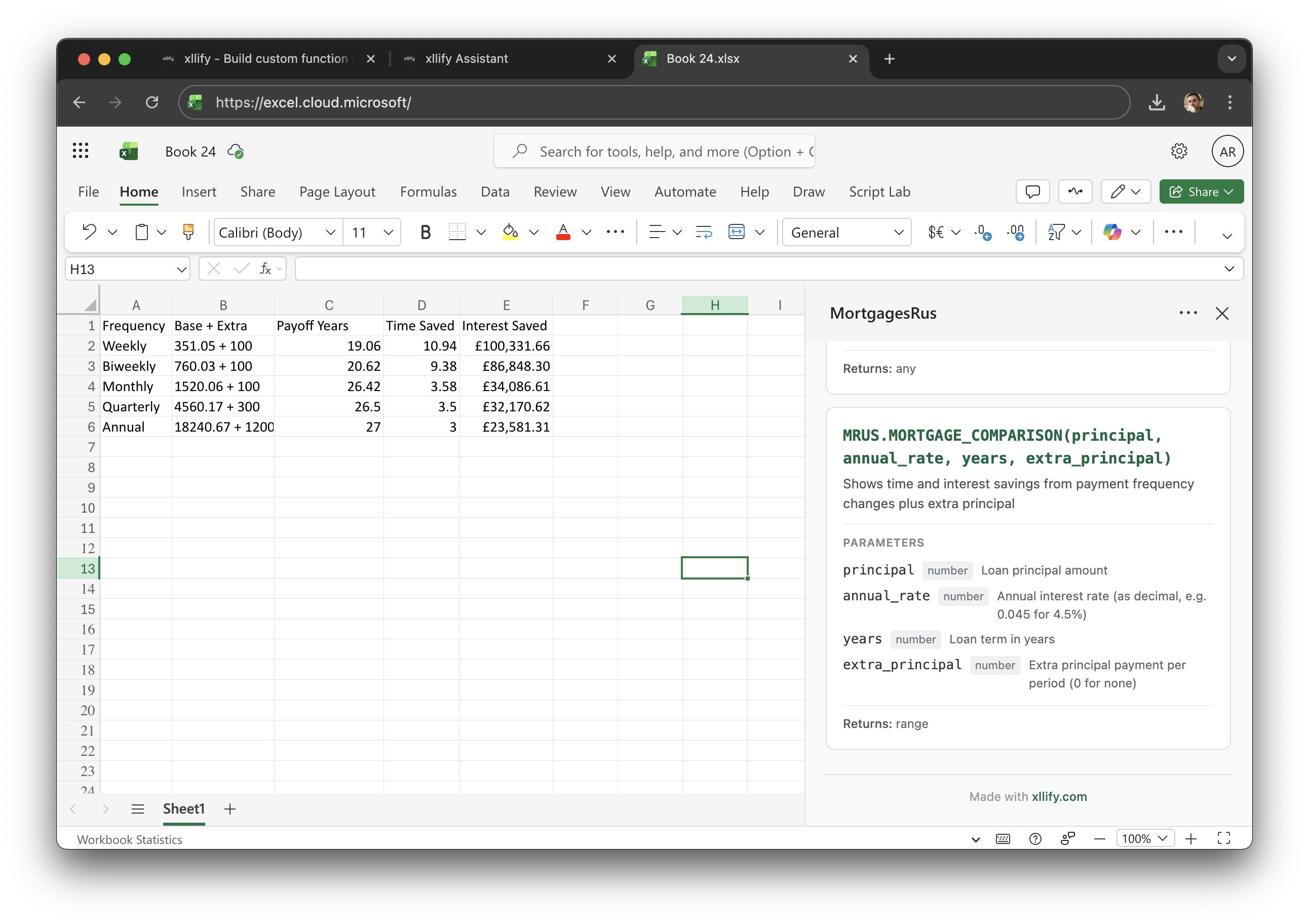 Custom MORTGAGE_COMPARISON function running in Excel for the web
